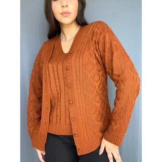 Conjunto Feminino Casaco e Blusa Twinset Tricot Malha Inverno Plus Size Soltinho Quentinho
