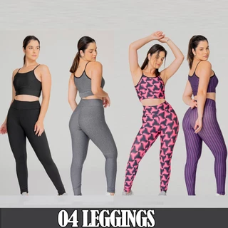 KIT 04 Calças Leggings Cós Alto Feminina Lisa, Mescla e Estampado (LG001)