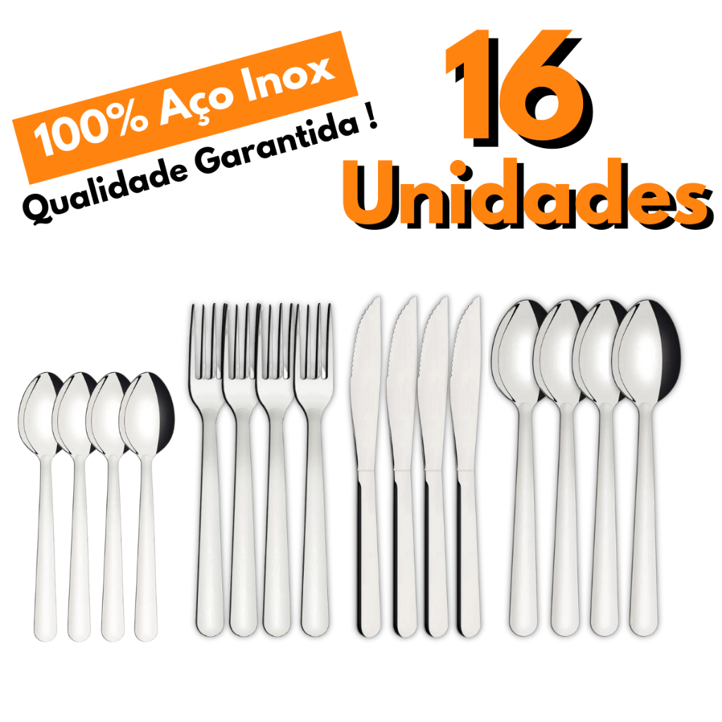 Jogo de Talheres 16 peças Aço Inox 4 Facas + 4 Garfos + 4 Colheres de Sopa + 4 Colheres de Sobremesa