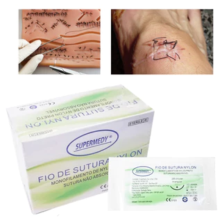 24 Unidades De Fio de Sutura Nylon Preto Com Agulha Supermedy