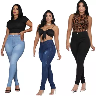 Kit com 3 Calças Jeans Femininas Cintura Alta com Lycra
