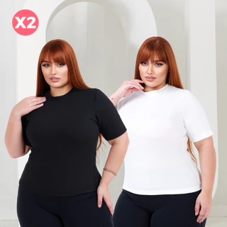 Kit 2 Blusa Feminina Plus Size Malha Canelada Manga Curta Elastica