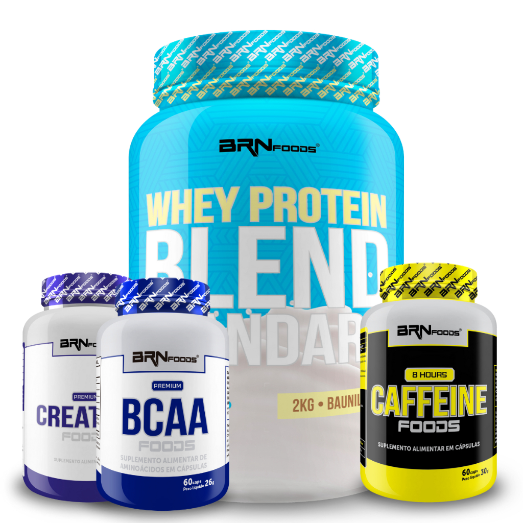 Kit Whey Protein Blend 2kg + Creatina 300g + Bcaa 60 Cáps + Cafeina 8 ...