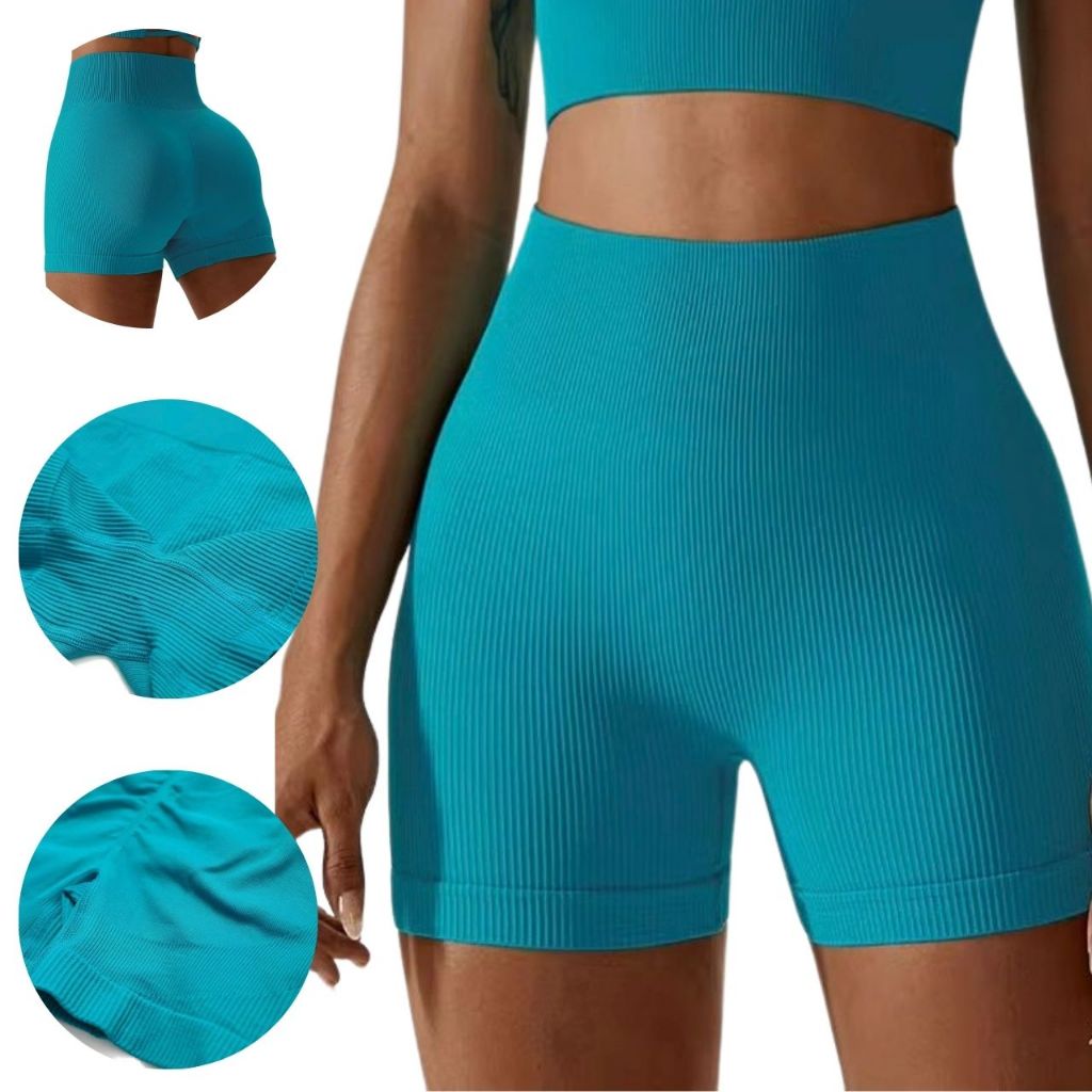 Short Academia Feminino Fitness Canelado de Cintura Alta e Empina Bumbum
