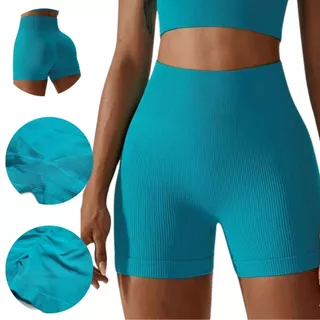 Short Academia Feminino Fitness Canelado de Cintura Alta e Empina Bumbum