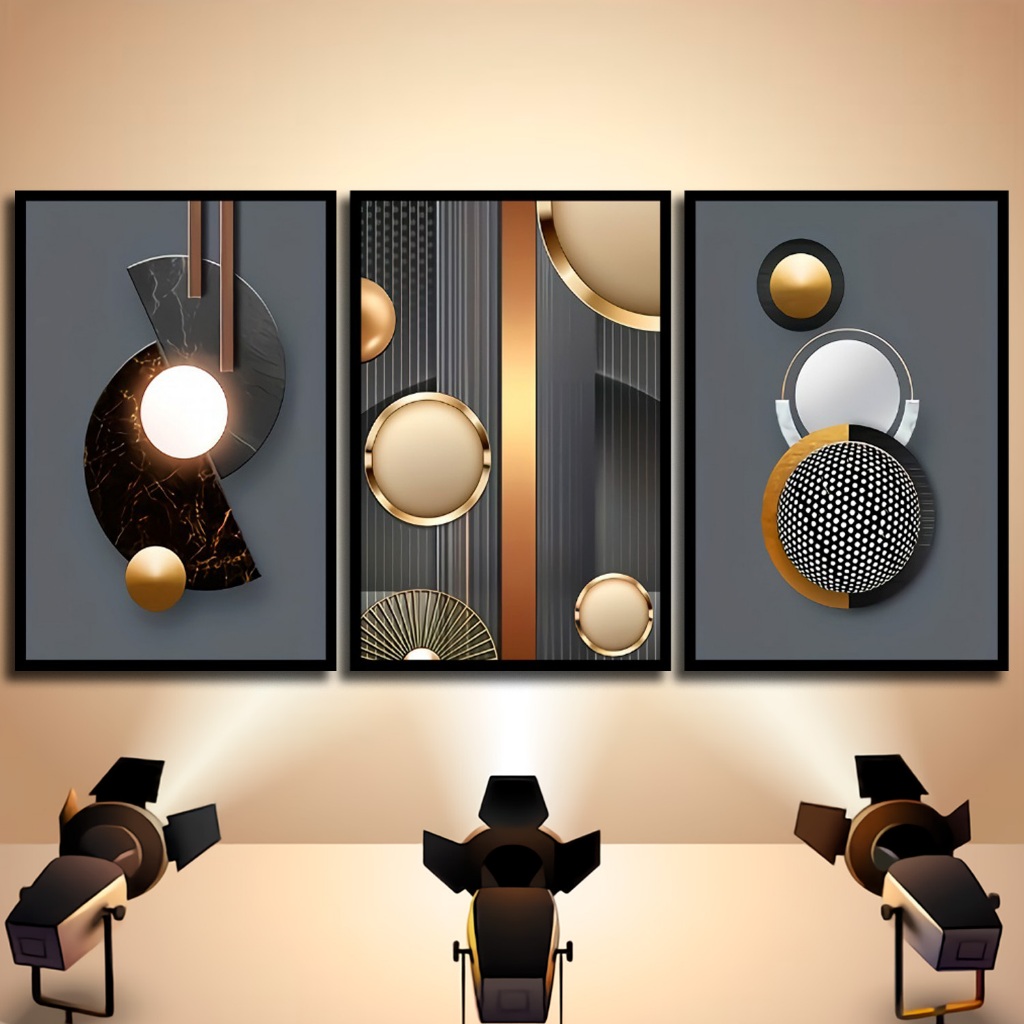 Quadro Decorativo Moderno Abstrato Circulo Cinza Decoração Casa Sala Quarto Luxo 3 Pçs