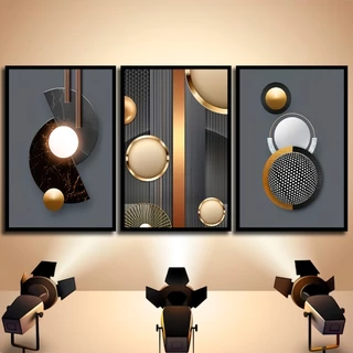 Quadro Decorativo Moderno Abstrato Circulo Cinza Decoração Casa Sala Quarto Luxo 3 Pçs