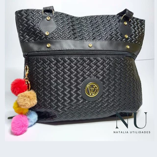 Bolsa Saco Grande Feminina Trabalho de Ombro + Chaveiro Pompom