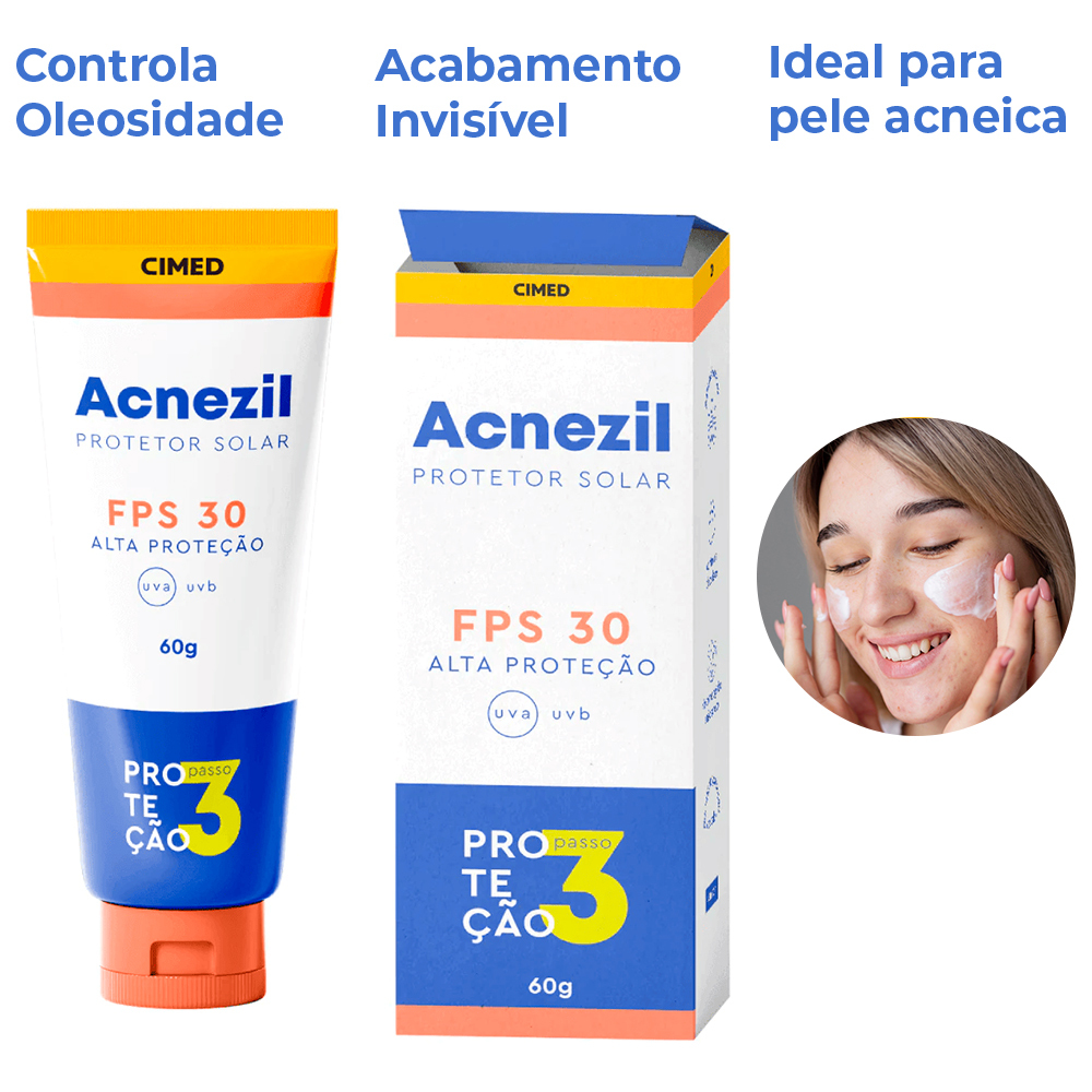 Protetor Solar Facial Acnezil FPS30 Alta Proteção UVA UVB Controla Oleosidade Uso Diário 60g Cimed