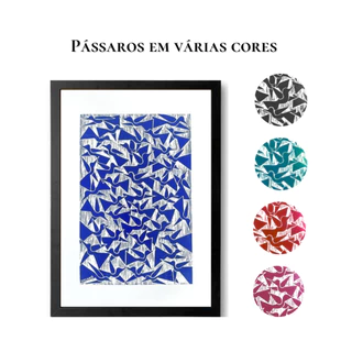 Quadro Pássaros Várias Cores Moldura Vidro 36x51cm Xilogravura de Bacaro Borges Decorativo de Parede para Quarto Sala