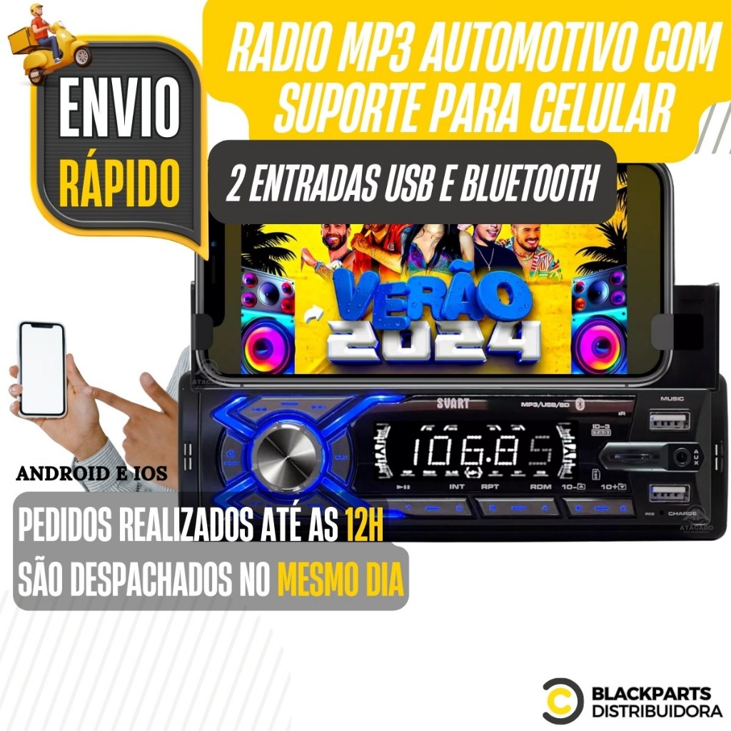 Aparelho De Som Automotivo Bluetooth Suporte Celular Usb Sd