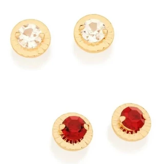 Original C/ NF - Brincos De Ouro 18k Femininos Pequenos Redondo Rommanel Cristal Branco Ou Vermelho Centro 524473