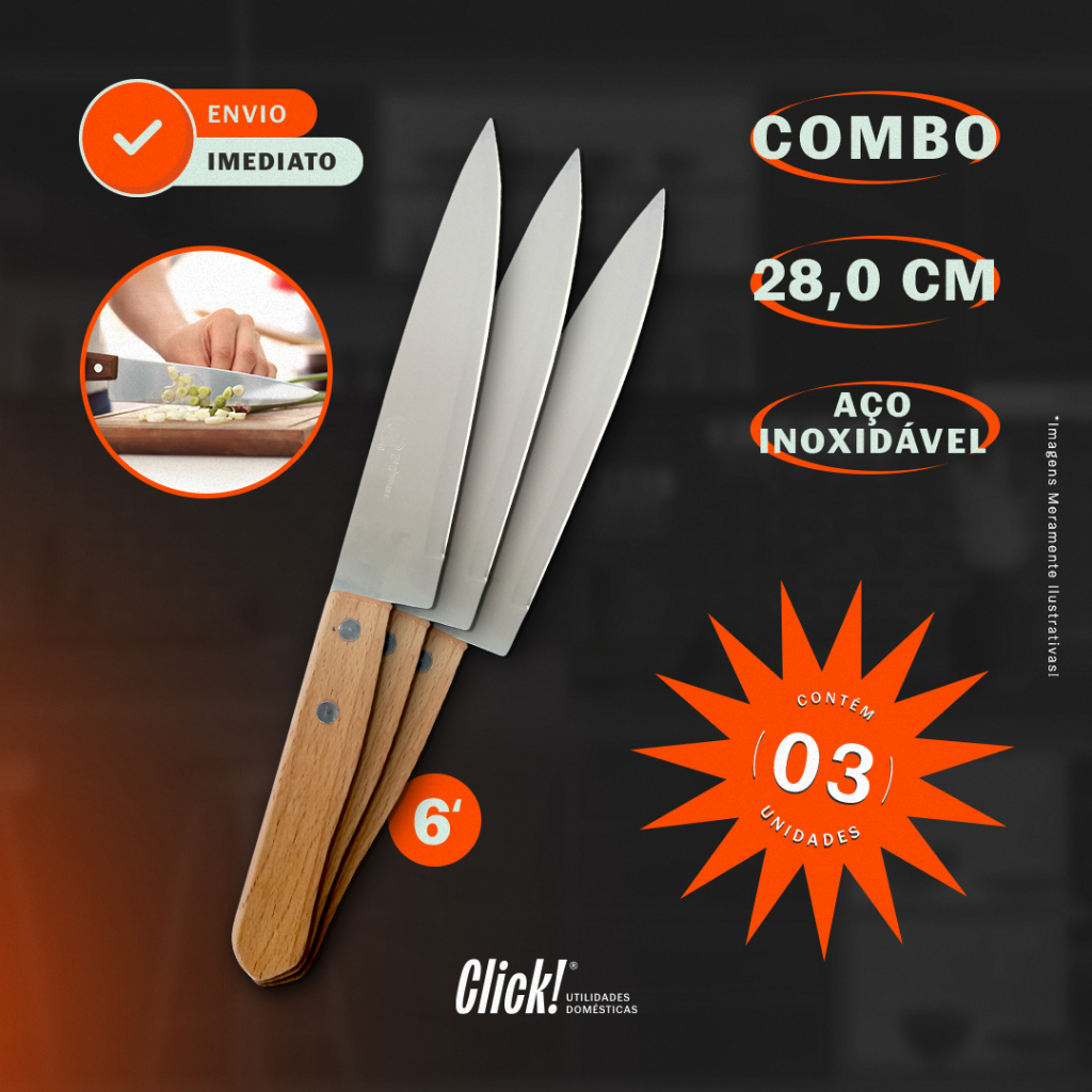 Kit 3 Faca De Cozinha Inox Profissional 6" Do Chef Cabo Madeira 28,0 CM