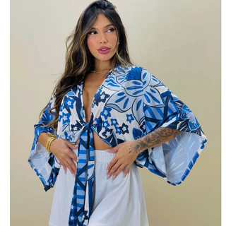 Cropped Manga Morcego Estampa Inspiração Farm Plus Size Veste do busto 36 até o 50