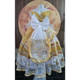 Conjunto de luxo branco e dourado (saia, pano de cabeça e pano da costa) - rum de Oxum