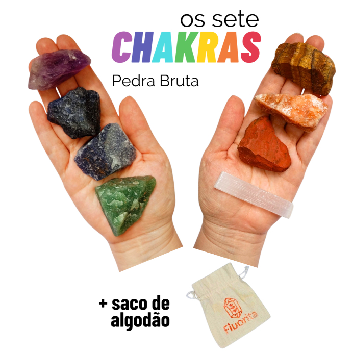 Kit 7 Chakras Pedra Bruta + Saco Algodão + Selenita Branca 8