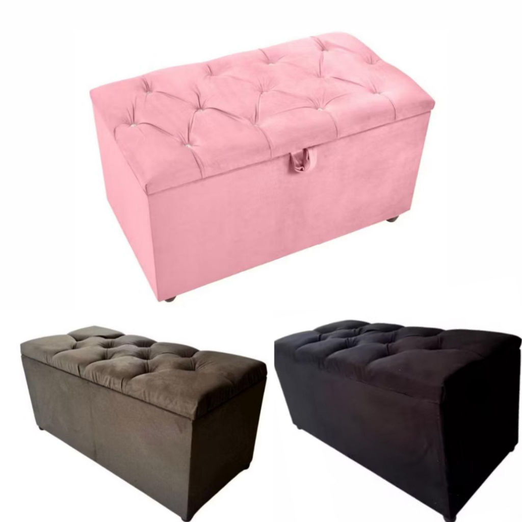 Puff Baú Estofado Para Quarto Porta Objetos Brinquedos 0,90 cm Capitone ...