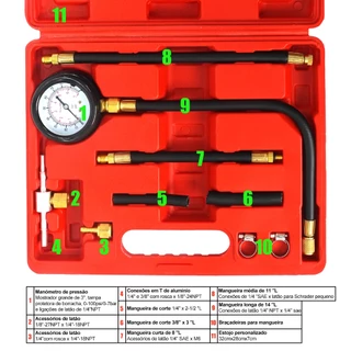 Kit Teste De Manômetro De Pressão Bomba De Combustível Carro Moto Com 11 Peças