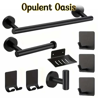 Opulent Oasis>>Conjunto de ferragens para banheiro preto fosco de9peças SUS304 aço inoxidável redondo montado na parede