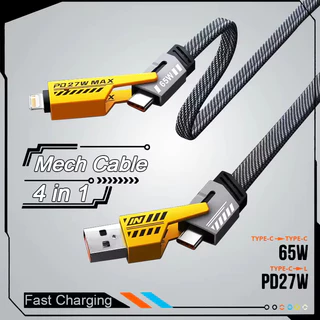 Cabo Turbo Tipo C para iPhone Xiaomi Samsung USB Turbo 65W/PD 27W Cabeça de Metal Revestida de Nylon