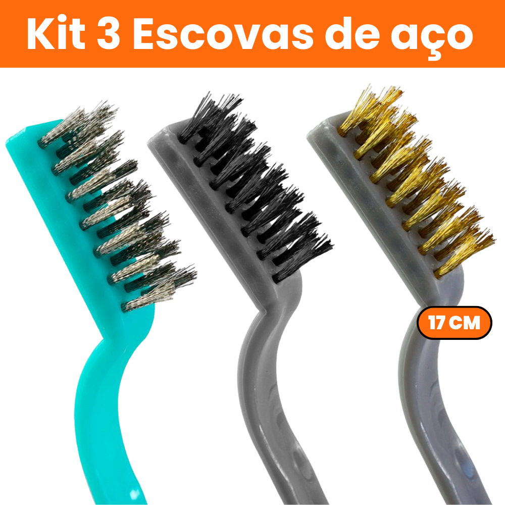 Kit 3 Escovas de Aço Multifuncional Para Limpeza Pesada Grelha de Churrasco Cabo Ergonômico