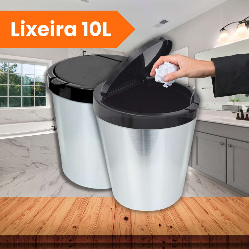 Lixeira Cesto de Lixo 10 Litros Inox Automática Tampa Click Label Para Banheiro Cozinha Escritório Quarto