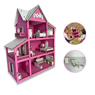 Casinha De Boneca Em Mdf Com Kit De 19 Mini Móveis Brinquedo Infantil