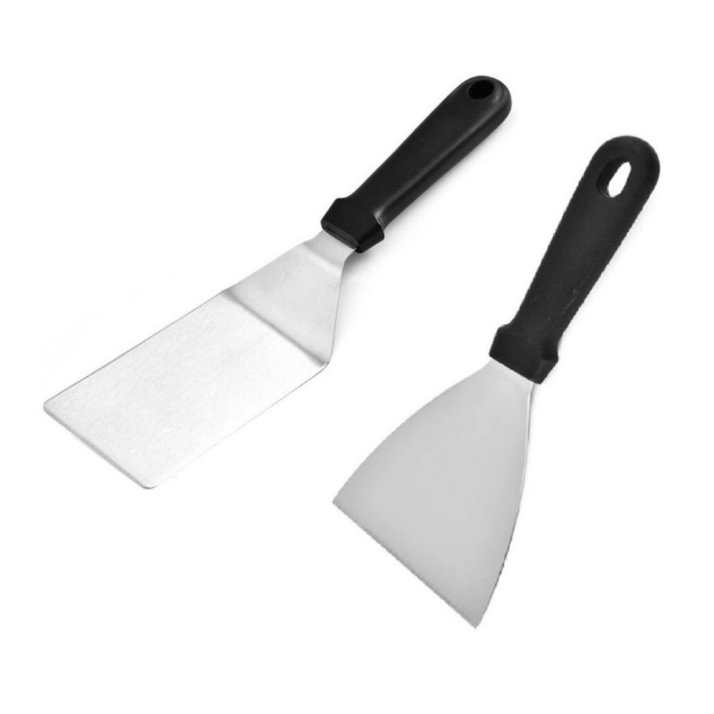 Kit Espátula Chapeiro Profissional de Inox 2 Peças Reta Curva Cozinha Burger Churrasco