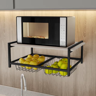 Fruteira De Parede Com 2 Cestos Aço Estilo Industrial Preto Suporte Microondas Resistente e Forte