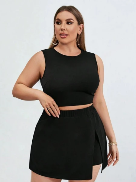 Conjunto feminino blusa cropped com short saia 