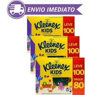 Kit 3 Lenços Kleenex Kids Descartável Com 100 Folhas de 12,7cm X 21,2cm