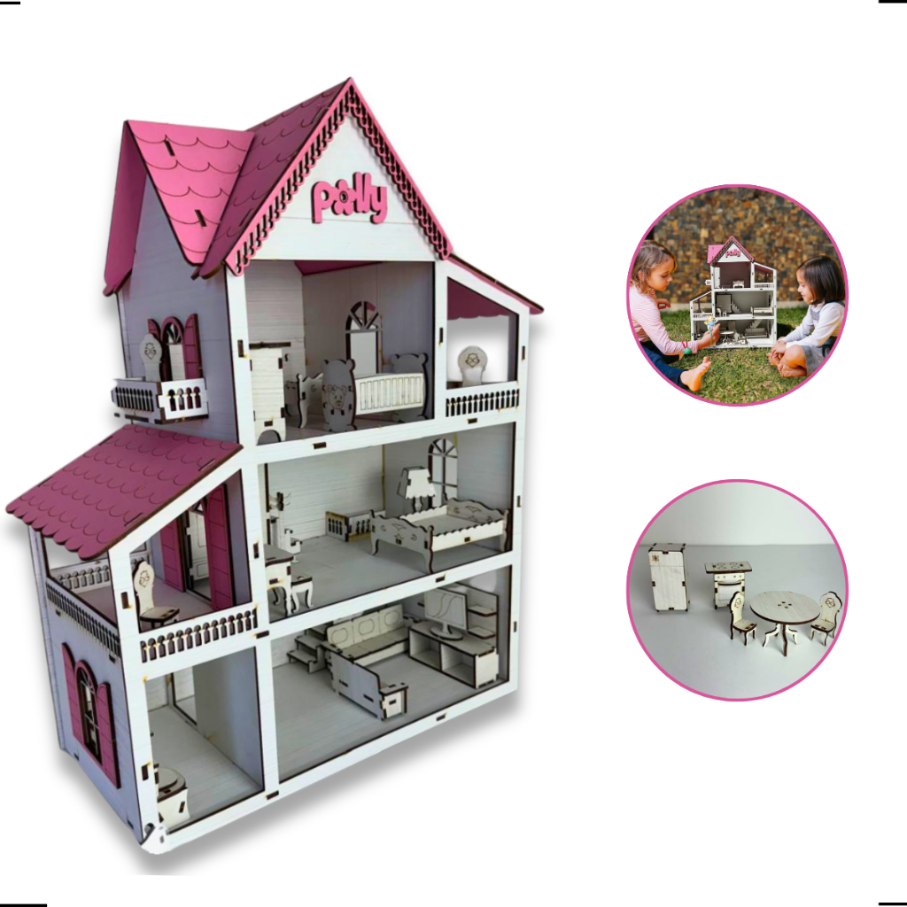 Brinquedo Para Crianças Casinha Em Mdf + Kit 19 Mini Móveis