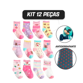Kit 12 Pares Meias para Bebês Menina c/ Antiderrapante 0 a 24 meses