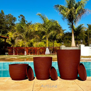 Kit 3 Vasos Decorativos para Plantas Modernos em Polietileno Coluna Bojo Escovado Luxo N°1 e N°2 + Bojo N°1 Com Pratos