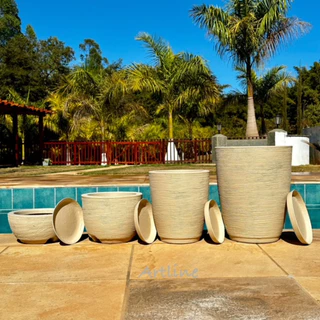 Kit 4 Vasos Decorativos para Plantas Modernos em Polietileno Coluna Bojo Escovado Luxo N°1 e N°2 + Bojo N°1 + Bacia N°1 com Pratos
