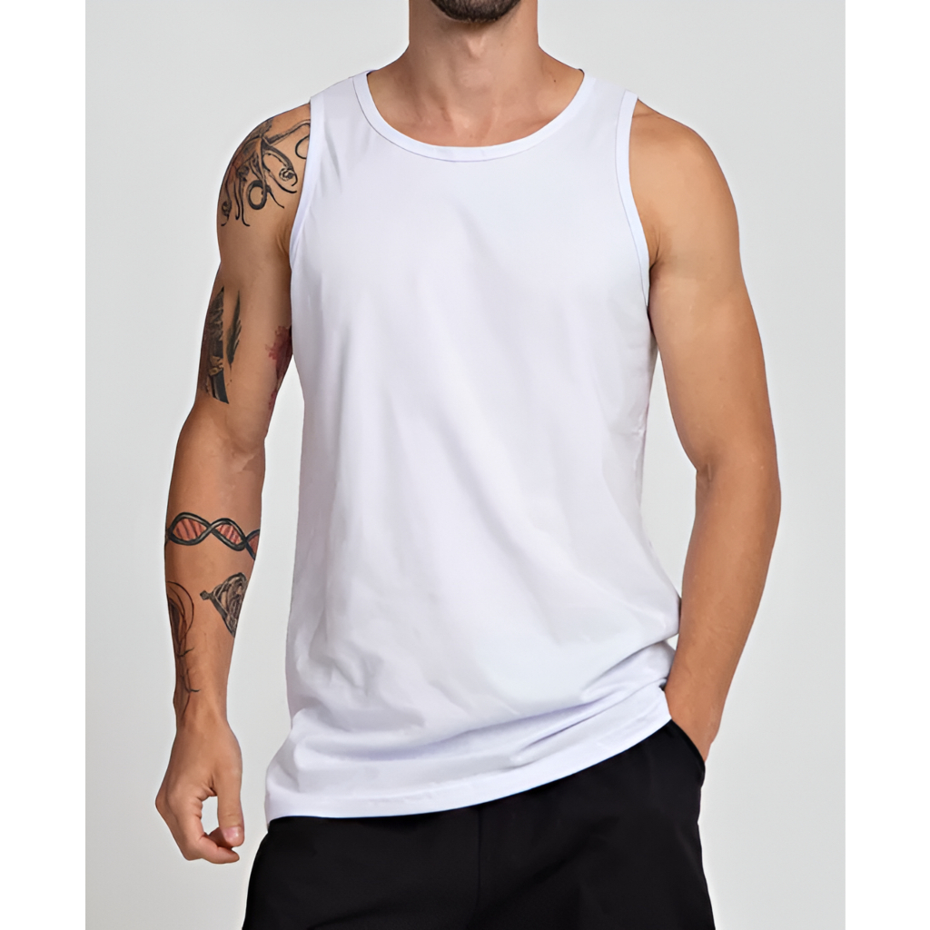 Camiseta Regata masculina Branca 100% Poliéster Malha Sublimação