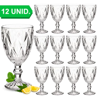 Jogo De 12 Taças De Vidro Diamond Transparente Cristal Resistente Luxo Moderno Mesa Posta Jantar