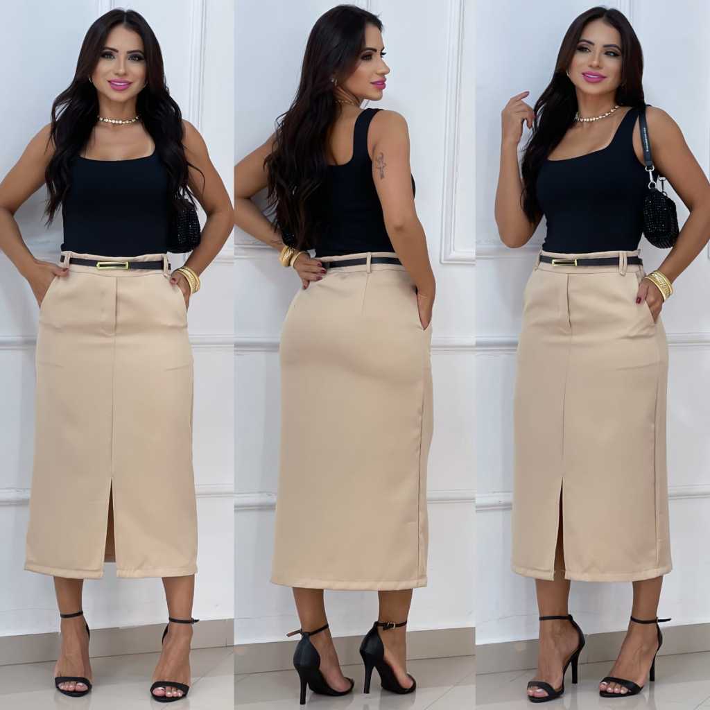 Saia Longa Cintura Alta Alfaiataria Midi Social Com Bolso Evangélica