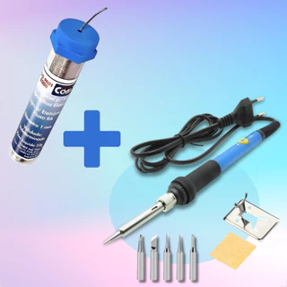 Kit Ferro De Solda 60w Com Regulagem De Temperatura Profissional + Estanho + Suporte + esponja de limpeza + 5 ponteiras extras