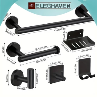 ELEGHAVEN>>Conjunto de ferragens para banheiro preto fosco de 9 peças SUS304 aço inoxidável redondo montado na parede