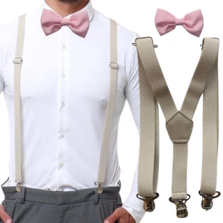 Suspensório Bege e Gravata Borboleta Rosa Bebe Adulto Sofisticado Noivo Padrinho