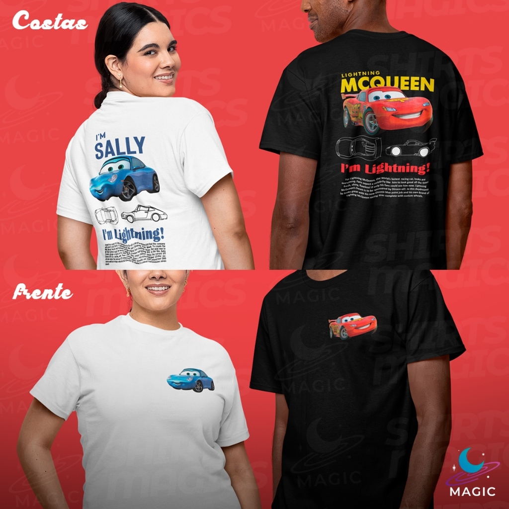 KIT CASAL Camiseta Básica Unissex Relâmpago Mcqueen/Sally Carrera 100% algodão