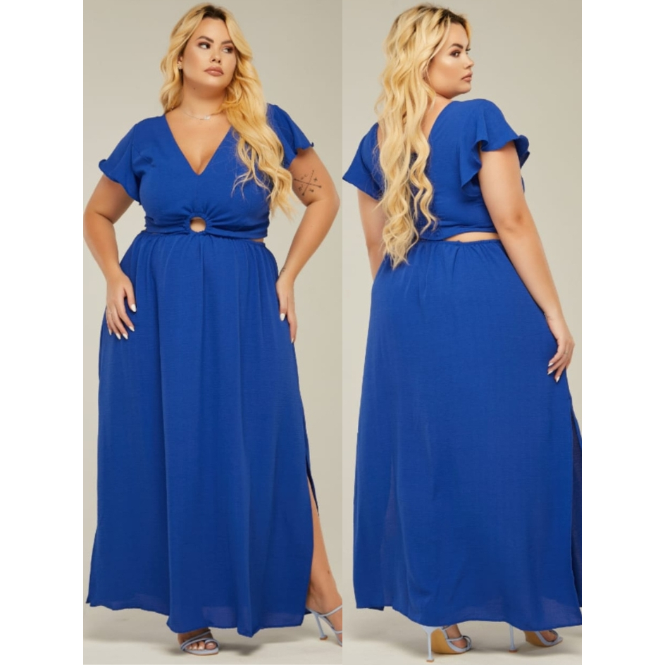 Vestido Longo Com Argola Frontal Plus Size Feminino Manga Curta Decote