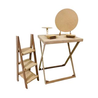 KIT POCKET DECORAÇÃO DE FESTA COM MESA X, PAINEL DE 50 CM, ESCADA DE 80 CM E BANDEJAS