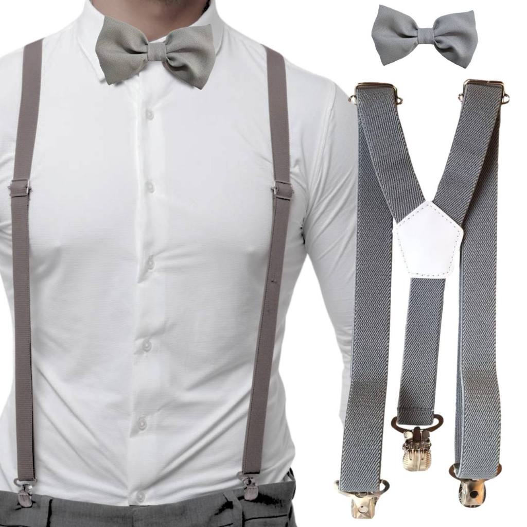 Suspensório e Gravata Borboleta Cinza Adulto Sofisticado Noivo Padrinho