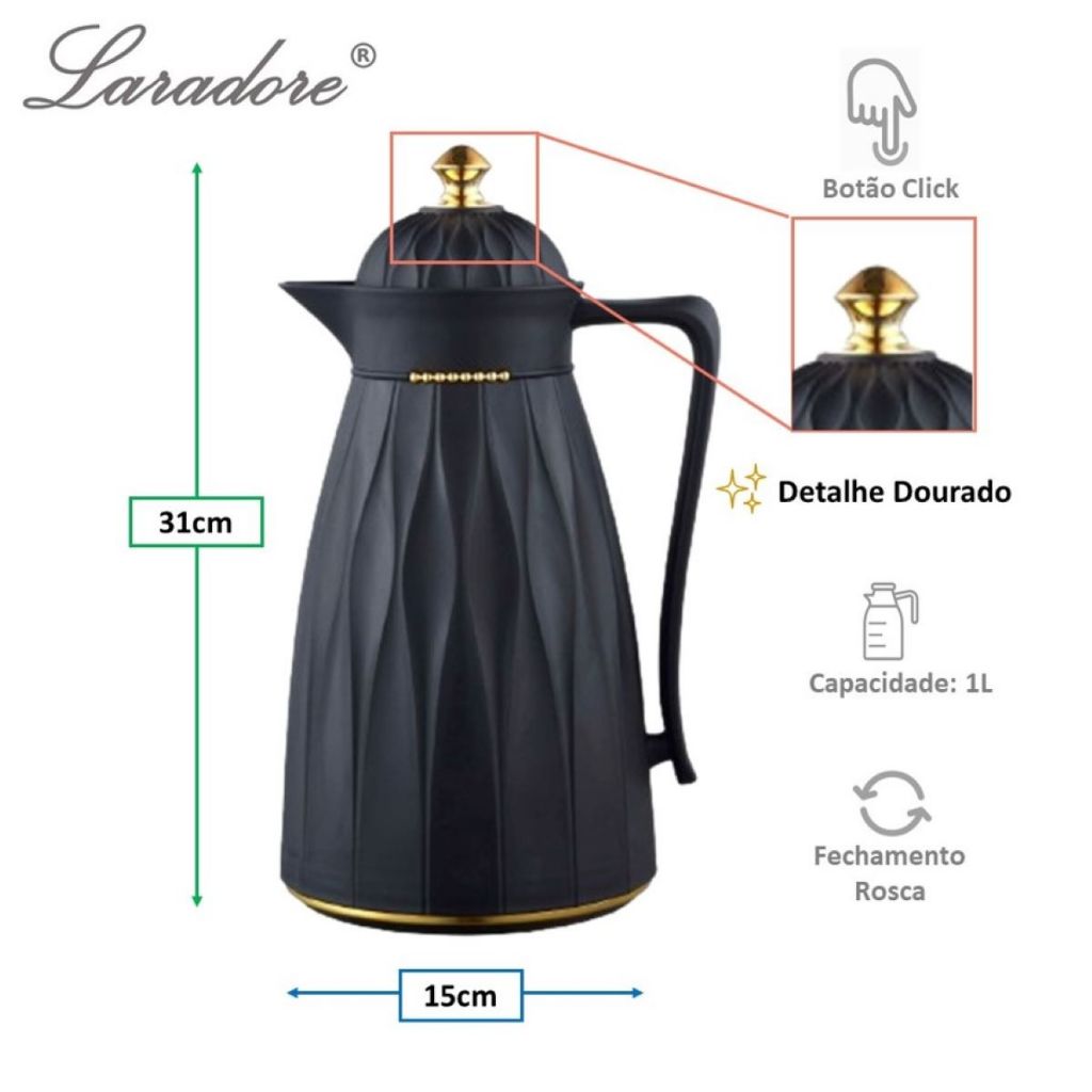 Garrafa Térmica de Café Laradore Chic - Preta e Dourada 1L