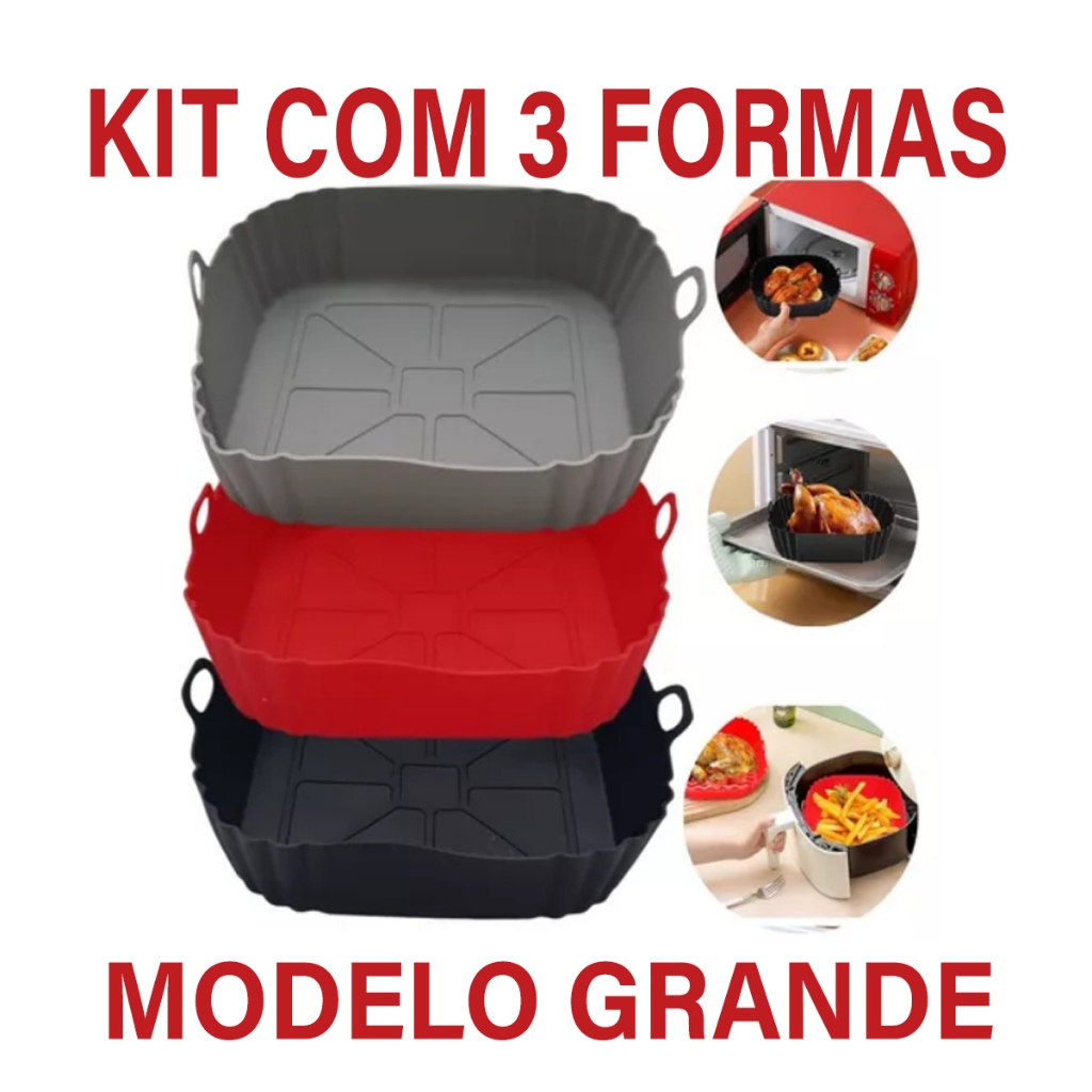 KIT 03 Formas de Silicone Quadrada GRANDE Antiaderente Assadeira Air Fryer e Forno Forma para Fritadeira Elétrica com Alça - QUADRADA