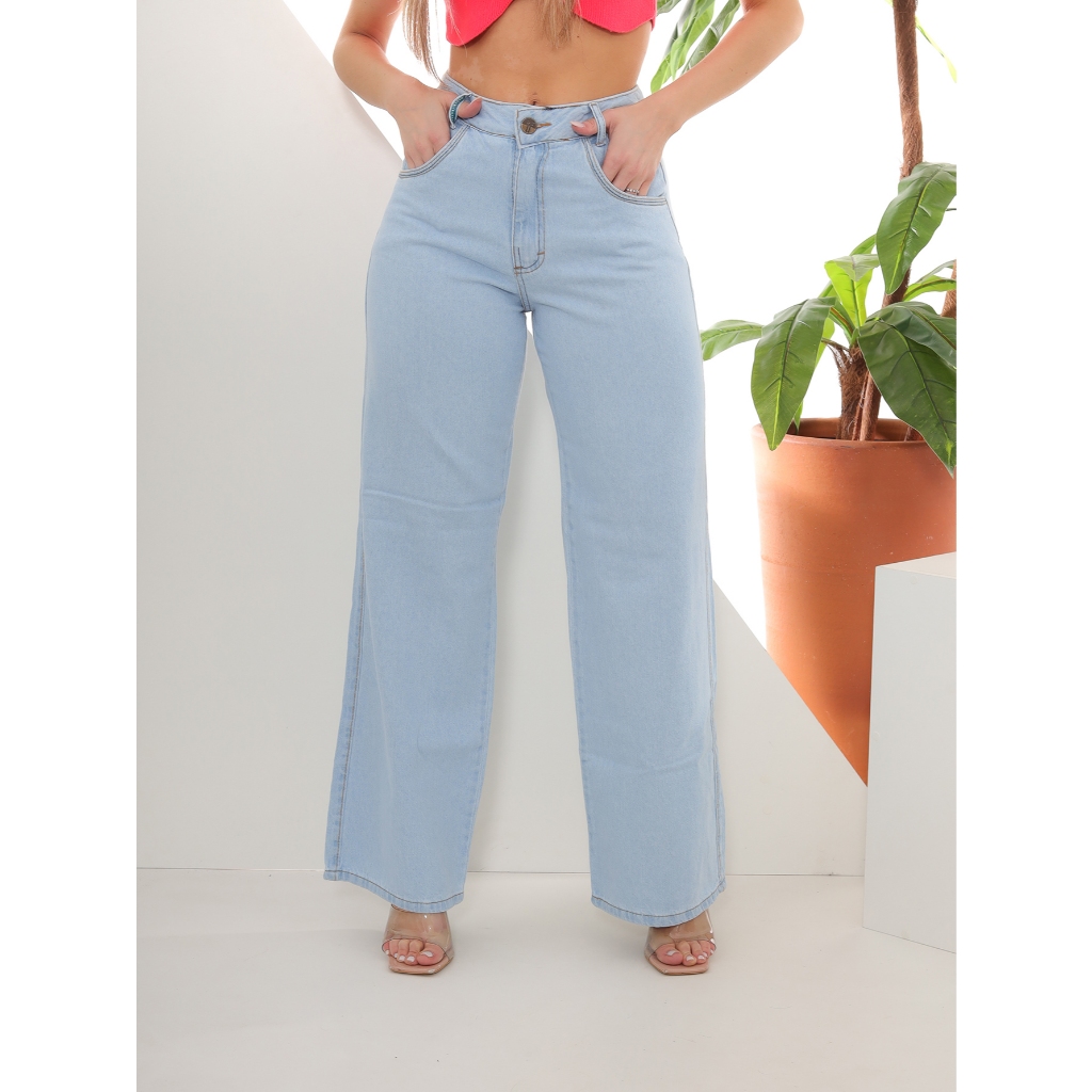 Calça jeans wide leg clara feminina de cintura alta | Shopee Brasil