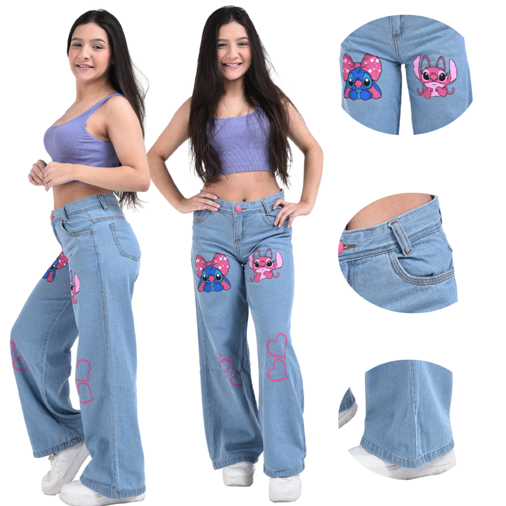 Calça jeans menina pantalona wide leg juvenil com desenho Stitch