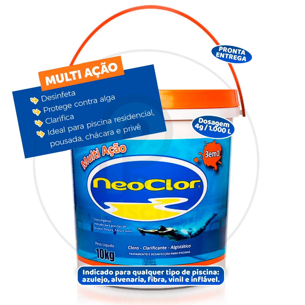 Cloro Neoclor Multi Ação 3 em 1 Para Piscina Limpeza Estabilizado Balde ...